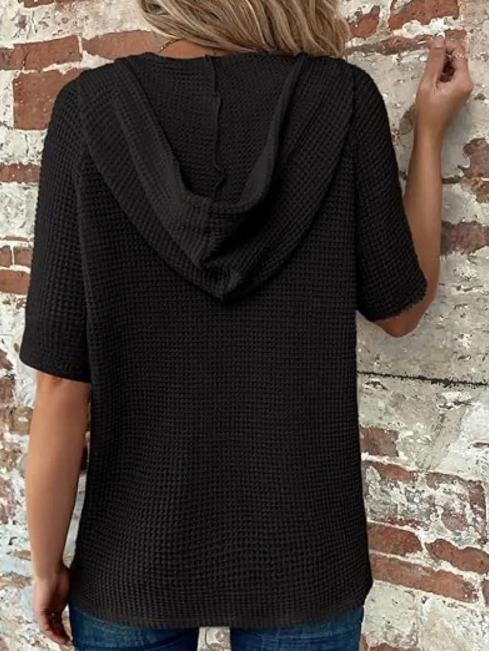Drawstring Waffle-Knit Short Sleeve Hooded Top, image 7