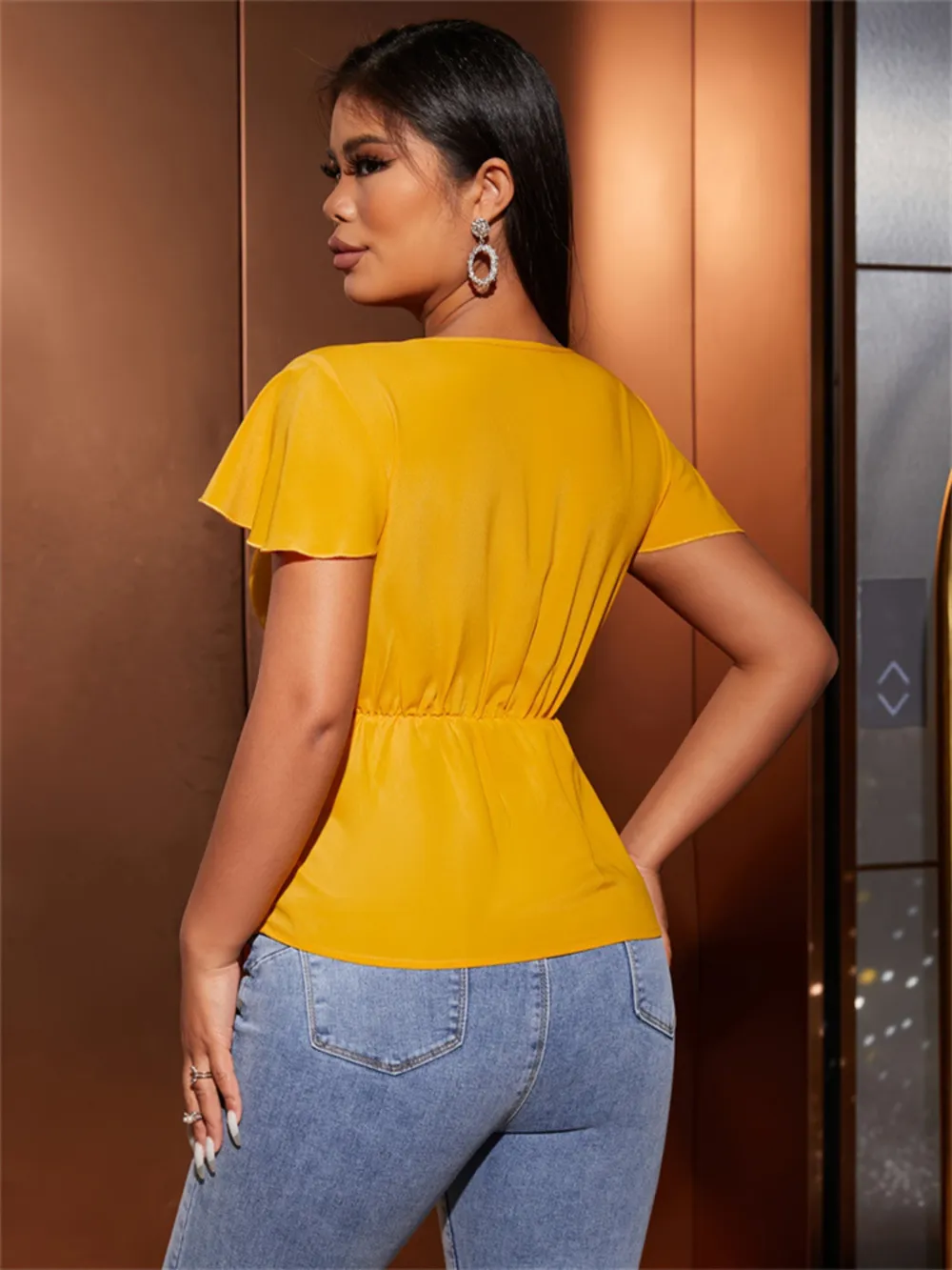 Twisted Solid V-Neck Cap Sleeve Blouse, image 2