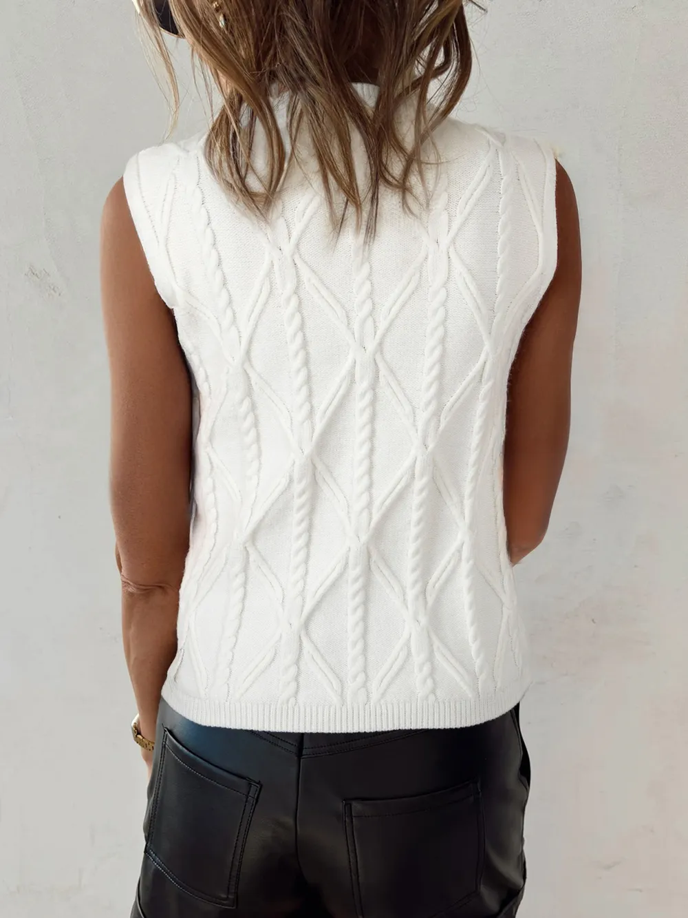 Pearled Mock Neck Textured Knit Sweater Vest, image 2