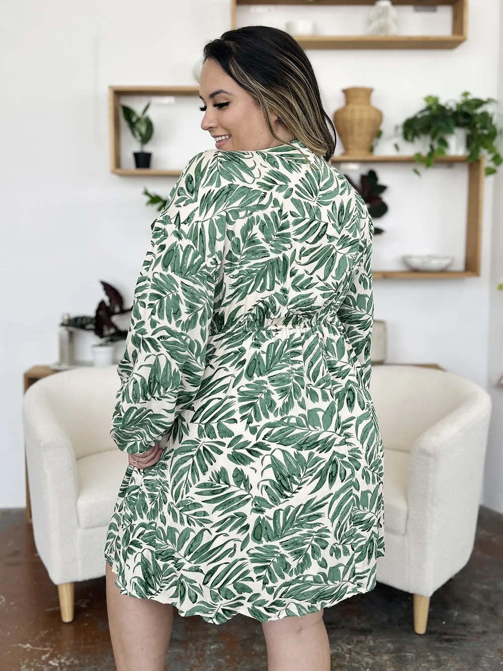 Full Size Printed Ruched Balloon Sleeve Dress, image 17