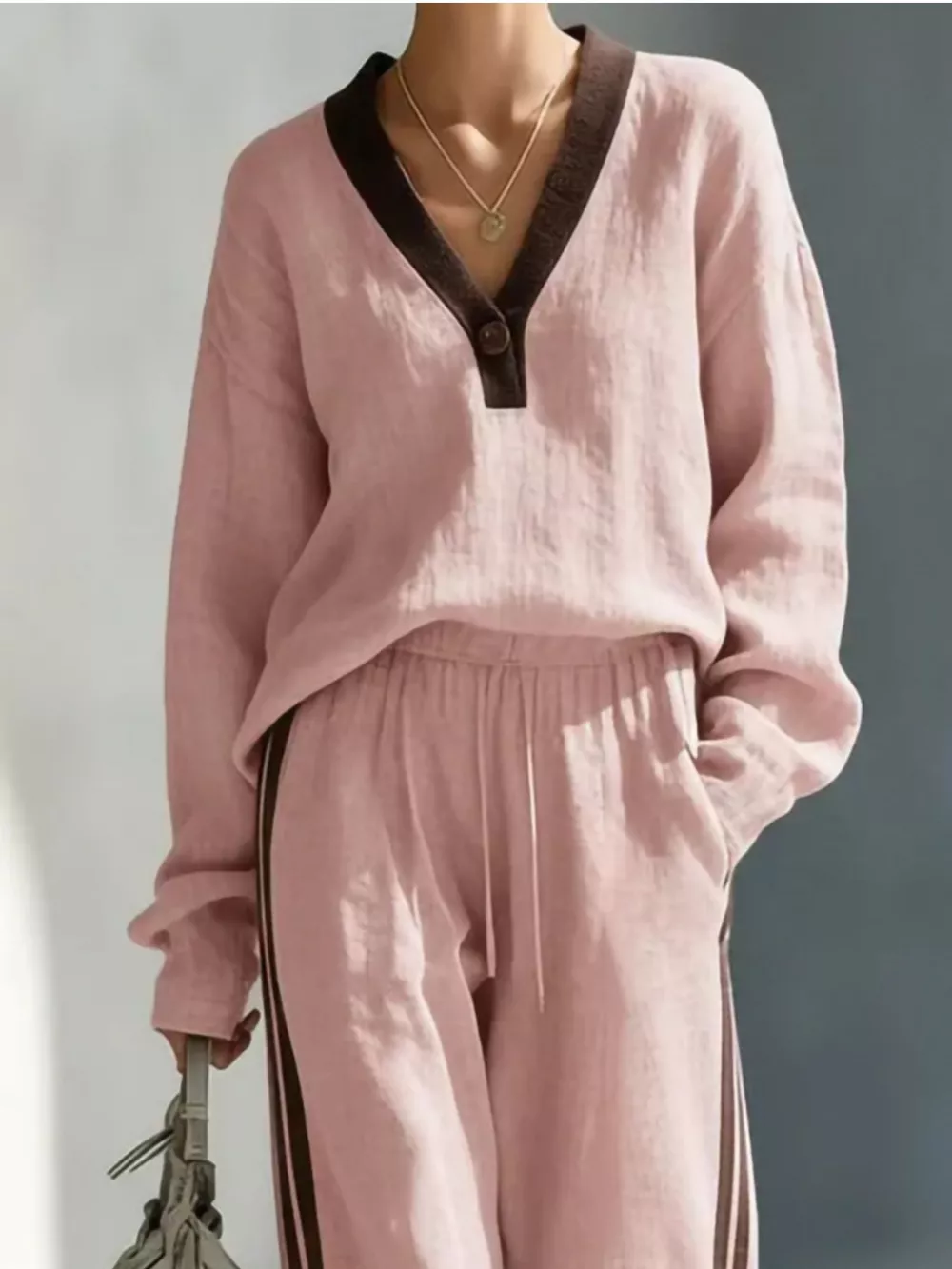 Contrast V-Neck Top and Striped Pants Set, image 7