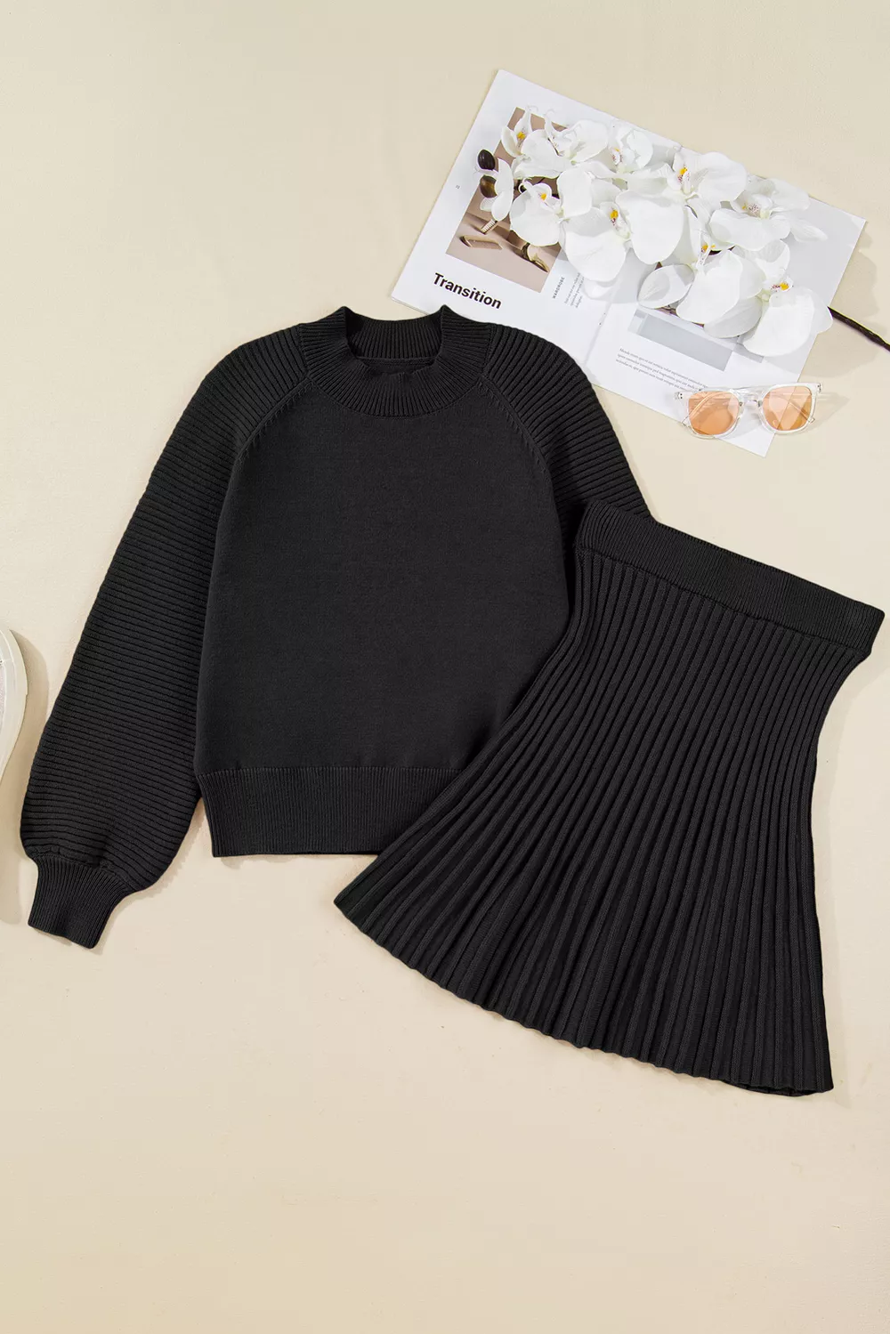Round Neck Top and Skirt Sweater Set, image 7