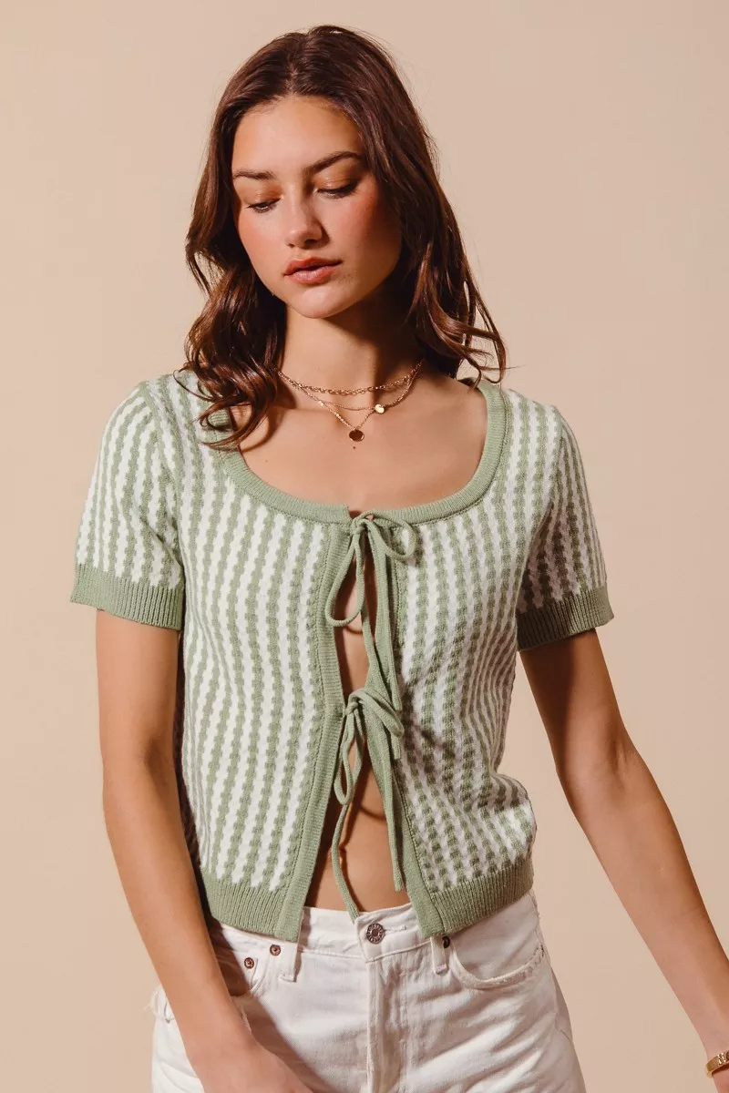 Tie Front Textured Vertical Stripe Knit Cardigan, image 6