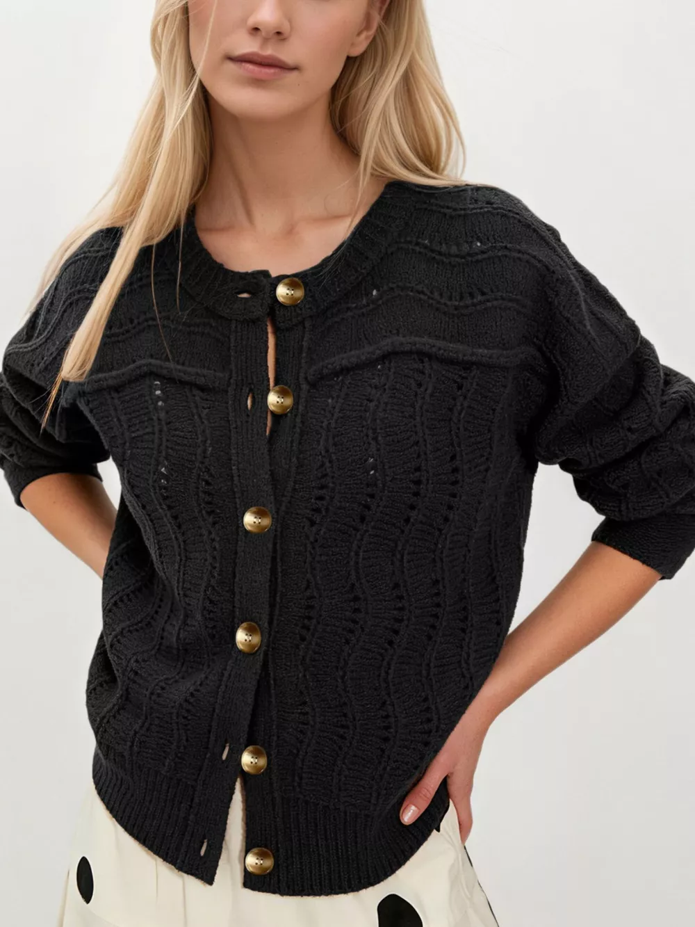 Openwork Button-Down Knit Cardigan, image 8