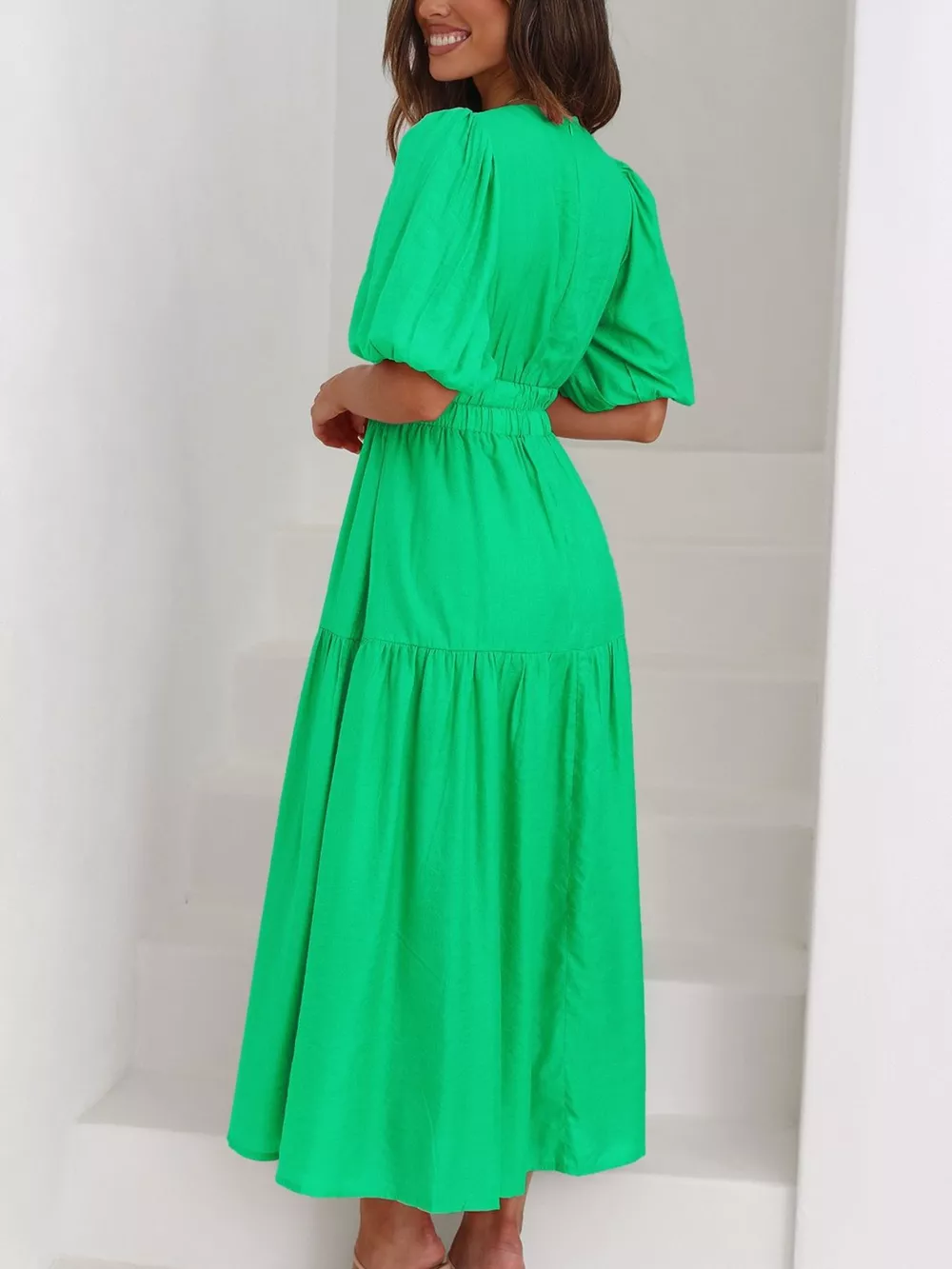 V-Neck Puff Sleeve Midi Dress, image 32