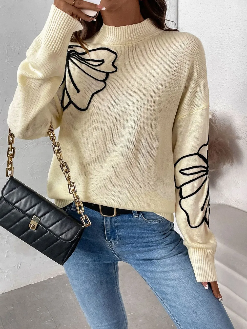 Mock Neck Dropped Shoulder Long Sleeve Sweater, image 3