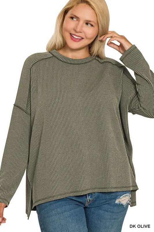 Full Size Exposed Seam Long Sleeve Corded Rib Knit Top Plus Size, image 3