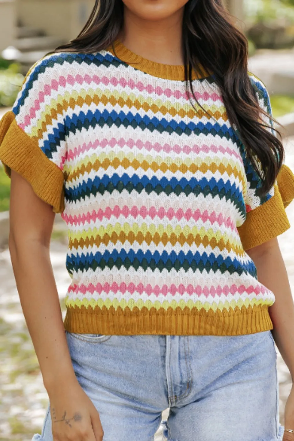 Contrast Round Neck Short Sleeve Sweater, image 24