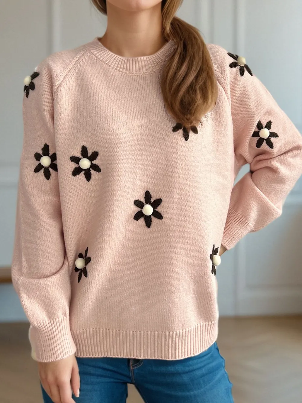 Flower Round Neck Raglan Sleeve Sweater, image 7