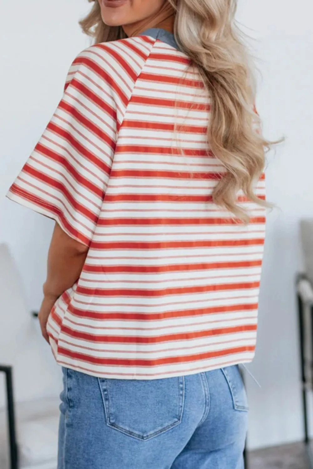 Stripe Print Contrast Collar Raglan Sleeve T Shirt, image 9