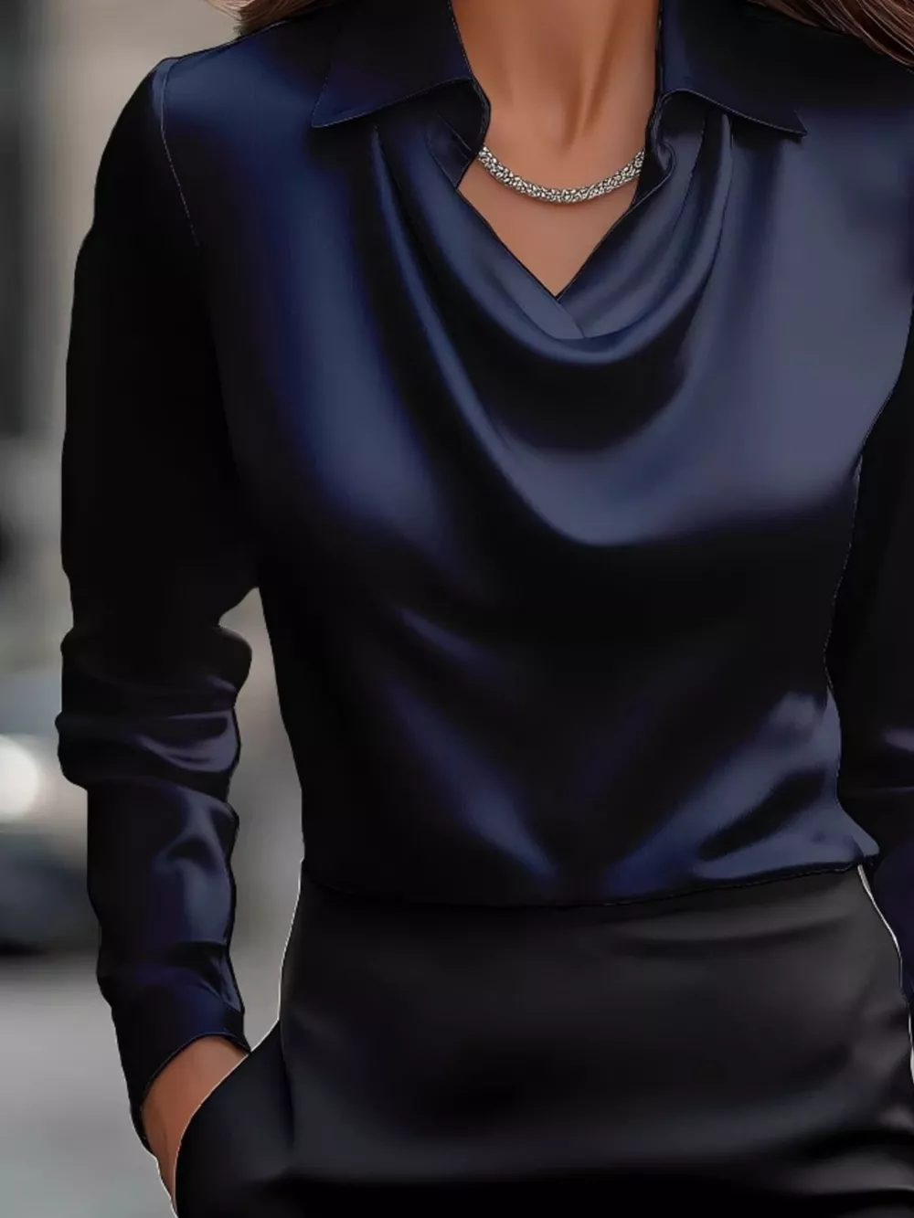 Full Size Satin Cowl Neck Long Sleeve Blouse Plus Size, image 13
