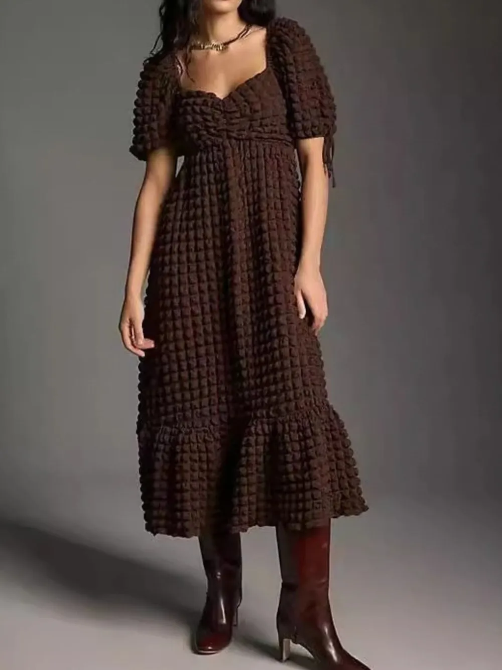 Textured Sweetheart Neck Short Sleeve Dress, image 13