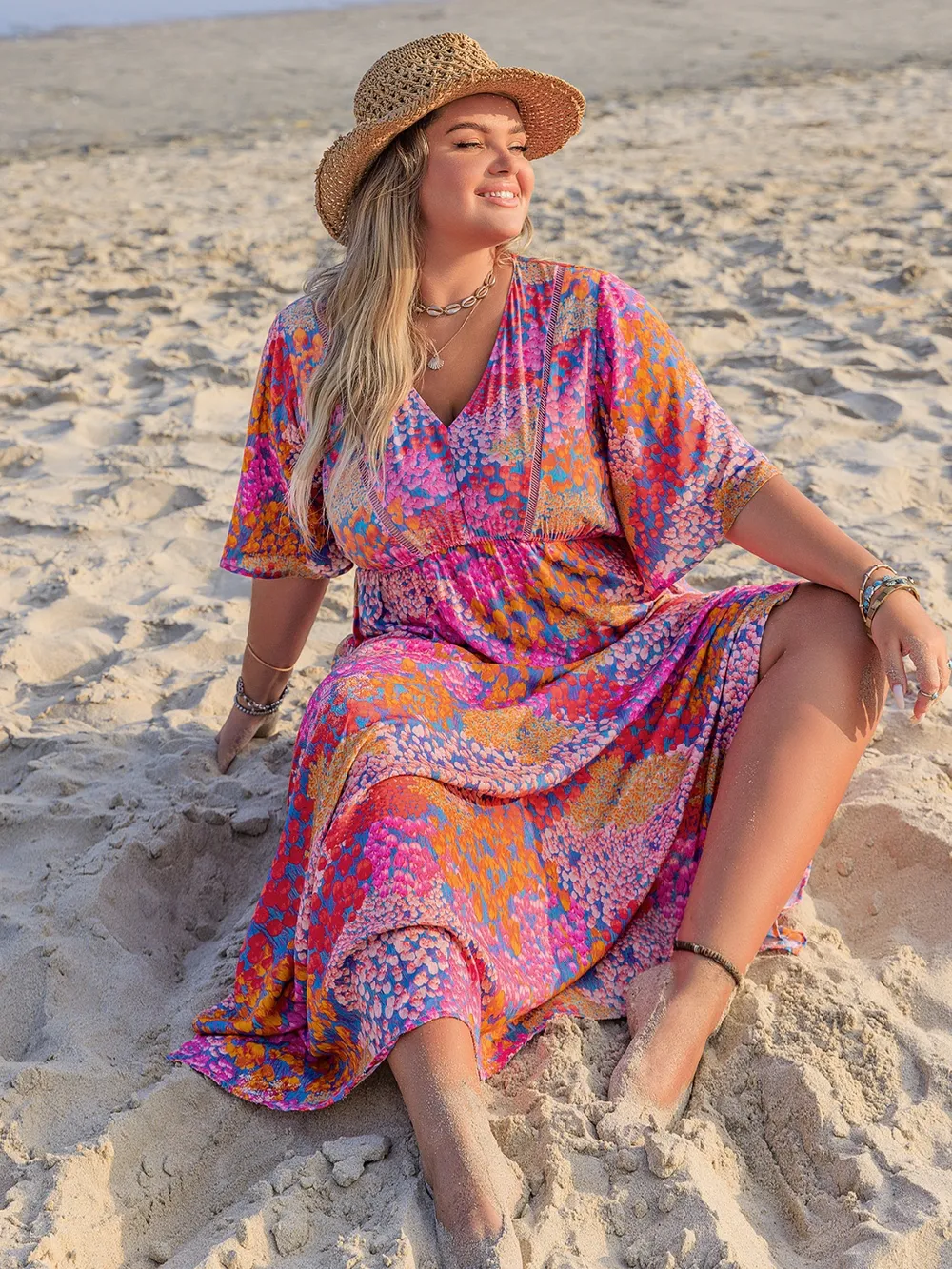 Plus Size Printed V-Neck Half Sleeve Maxi Dress, image 7