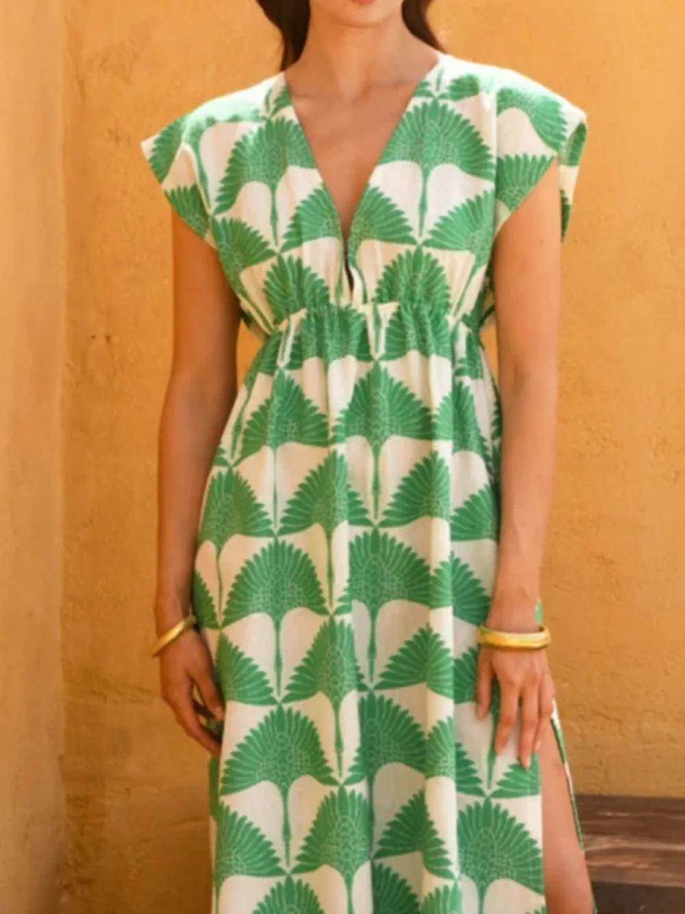 Slit Printed V-Neck Cap Sleeve Maxi Dress, image 4