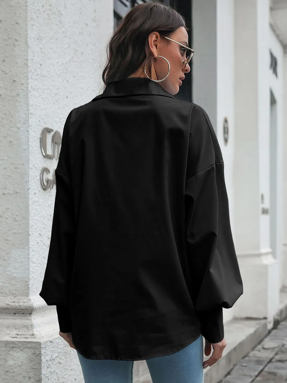 Button Up Dropped Shoulder Lantern Sleeve Shirt, image 15