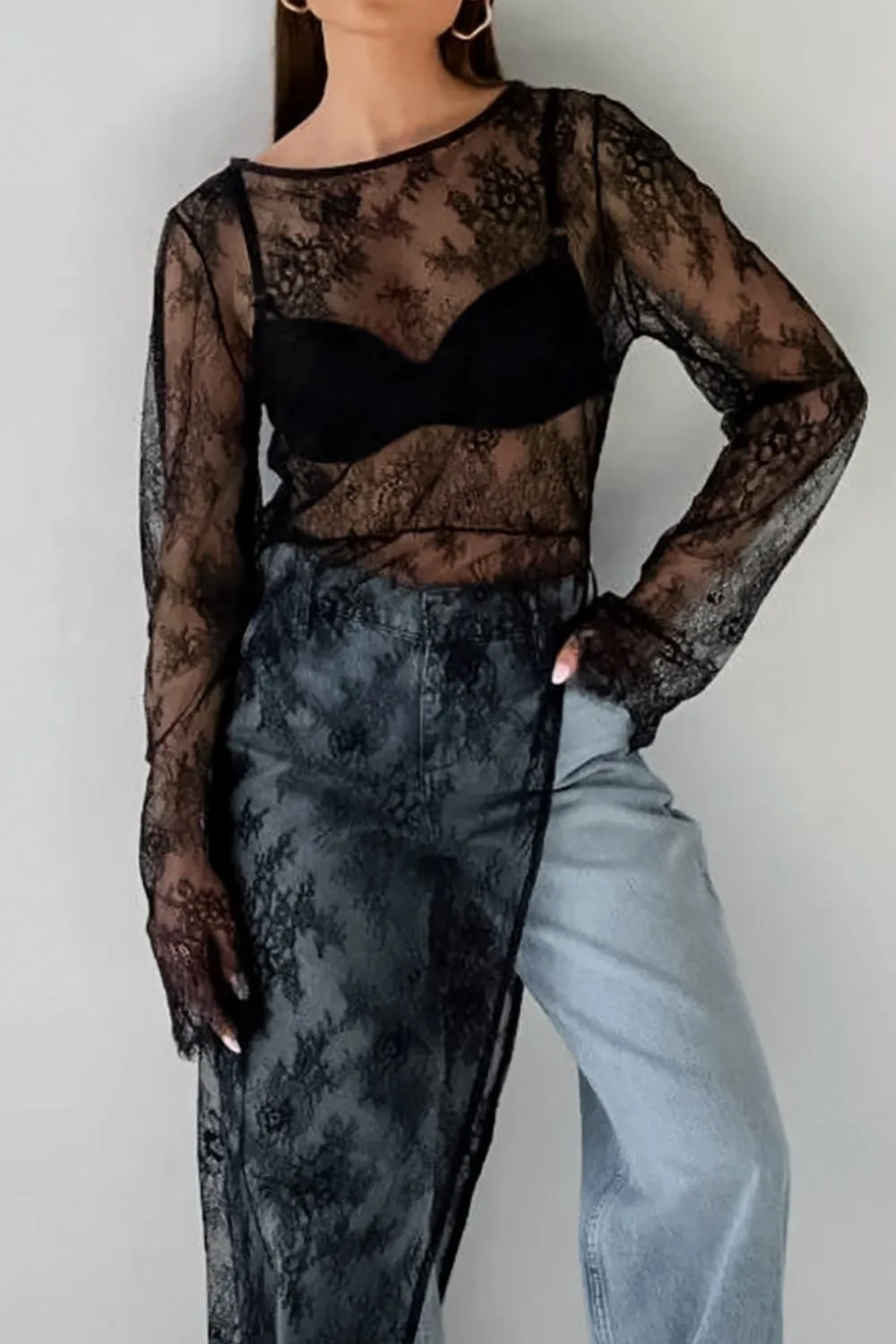 Fringe Round Neck Long Sleeve Lace Sheer Top