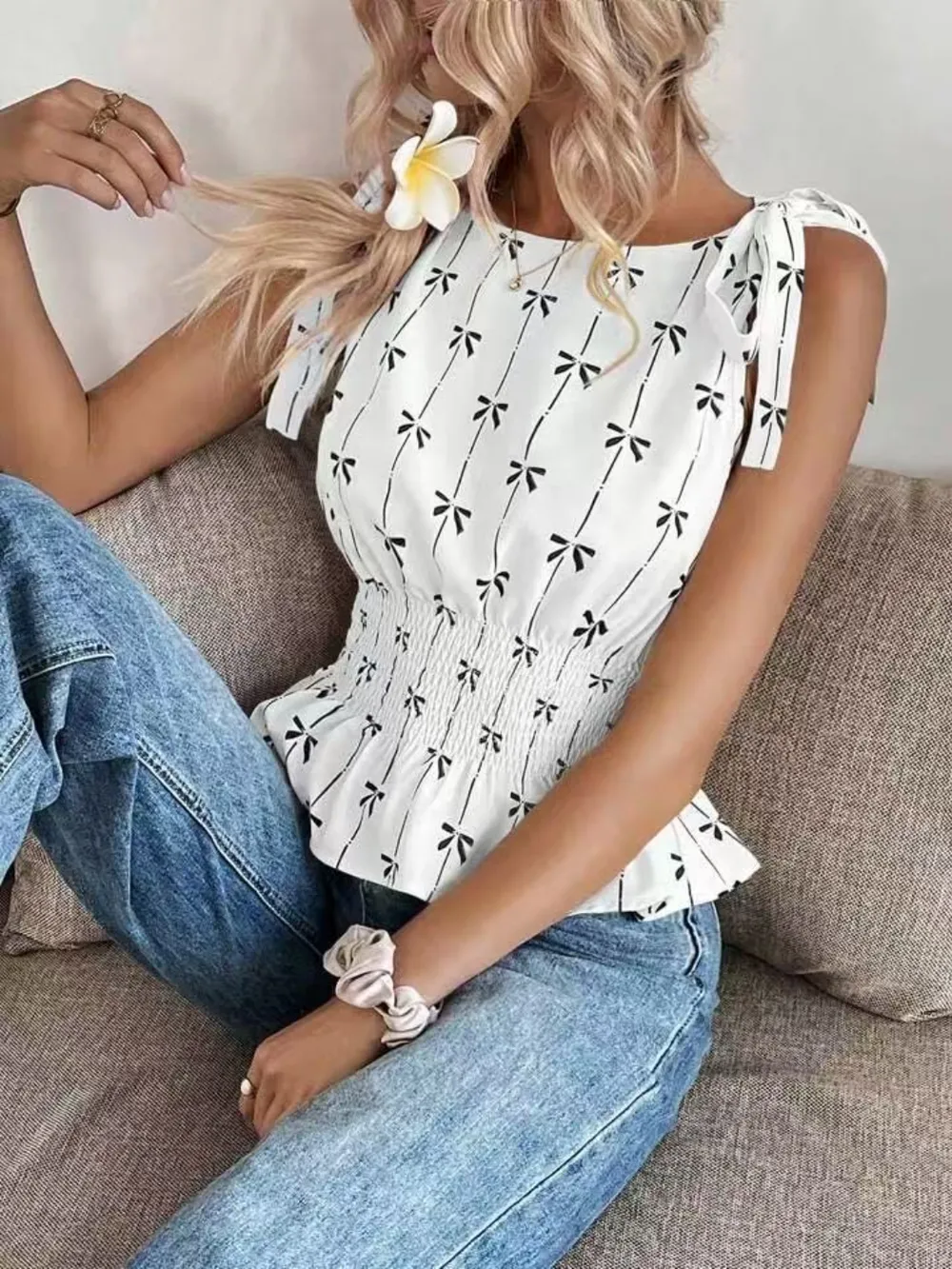 Bow Print Tie Shoulder Tank