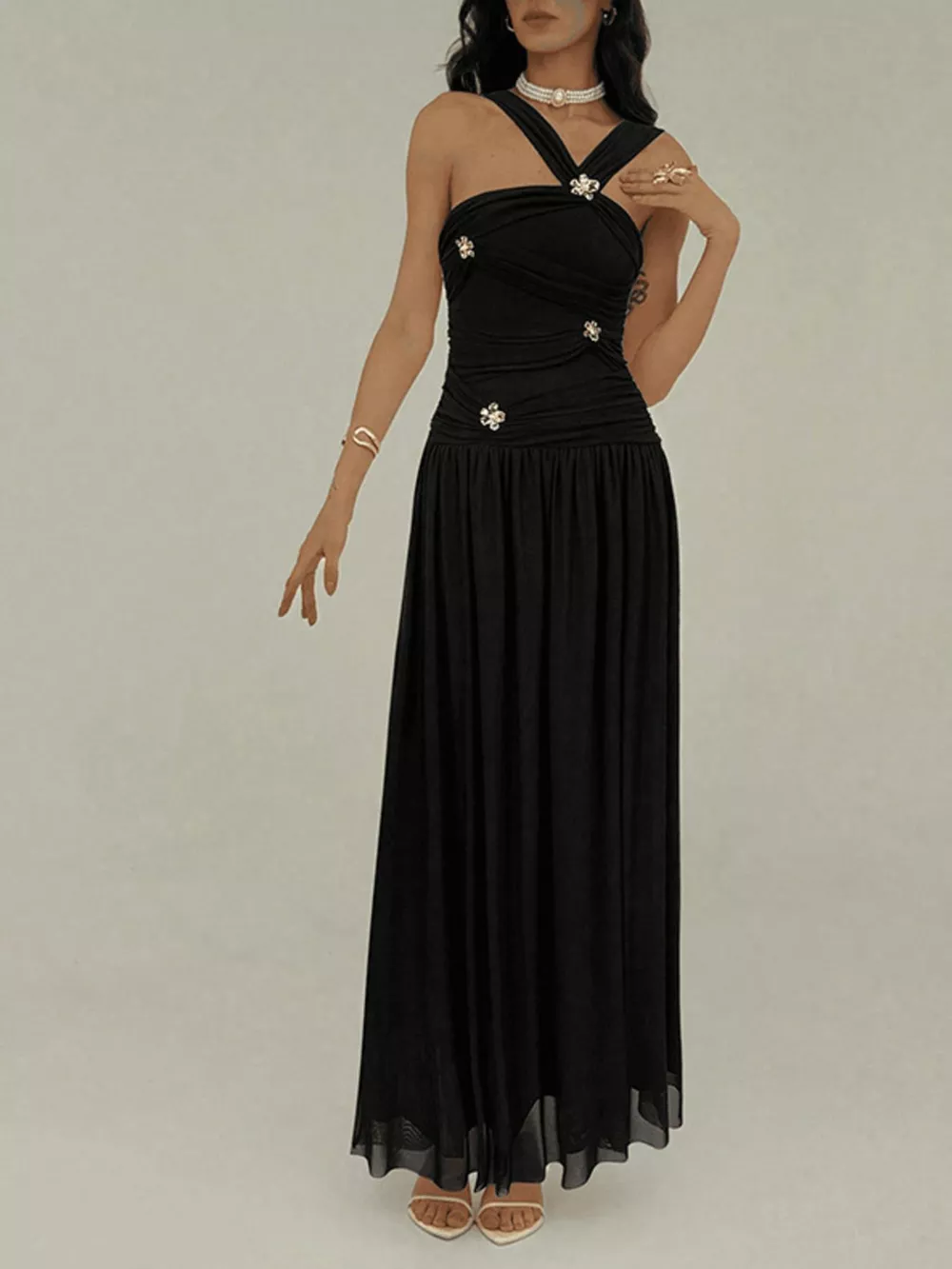 Ruched Sleeveless Maxi Dress with Embellishments, image 2
