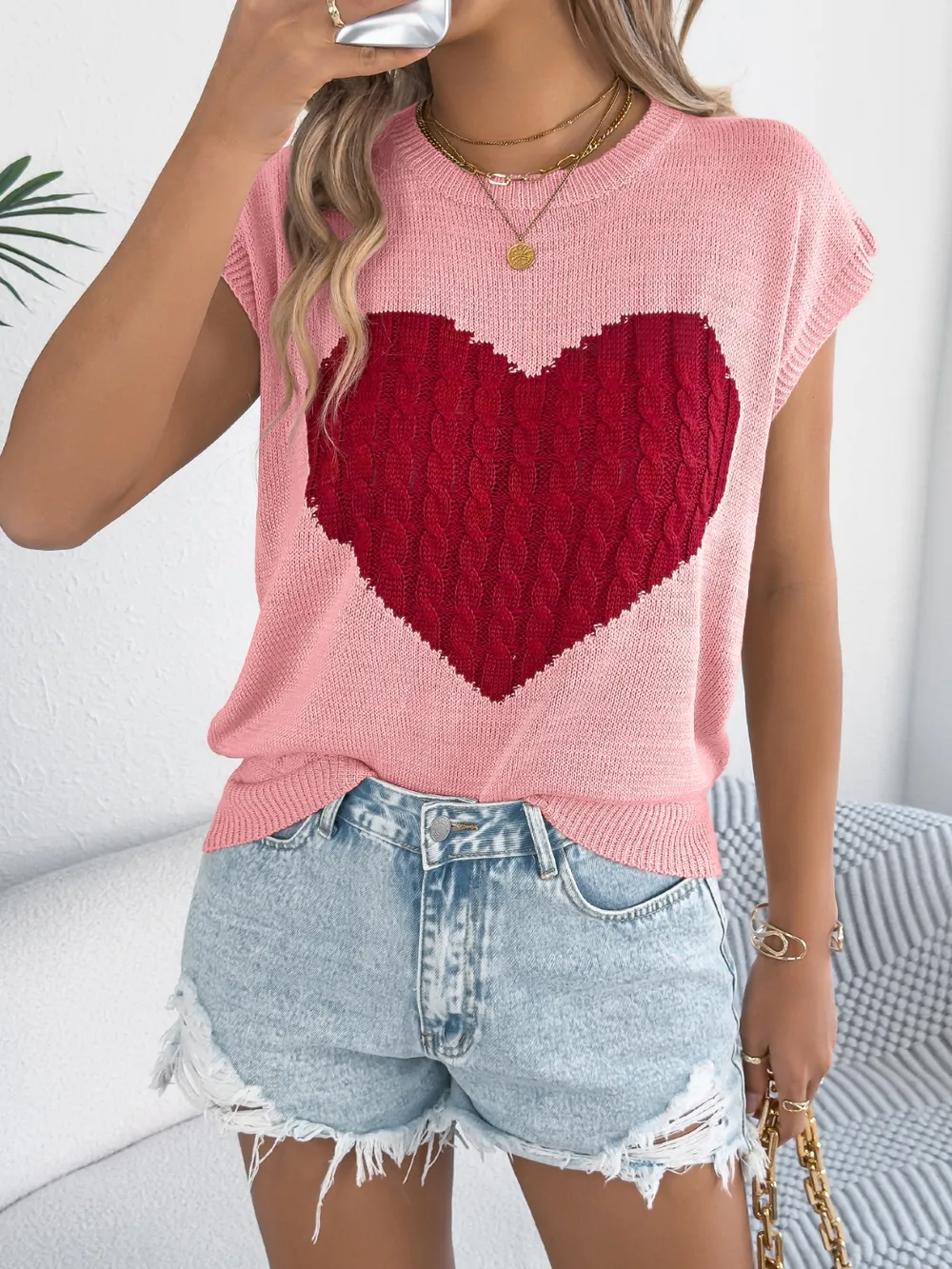 Cable Knit Heart Round Neck Cap Sleeve Knit Top, image 7