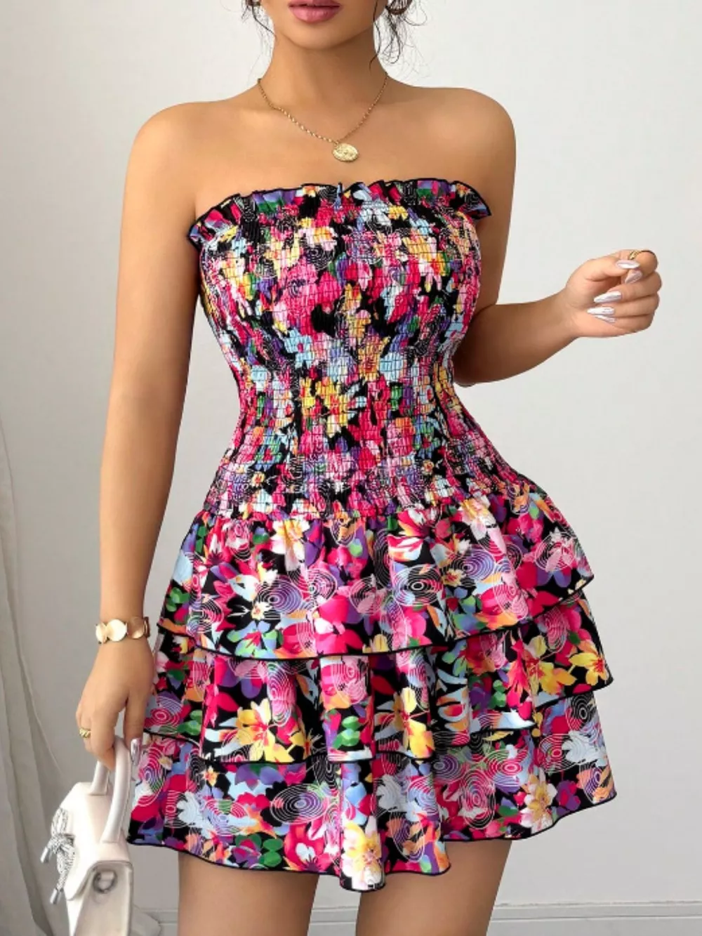Strapless Smocked Floral Tiered Mini Dress, image 3