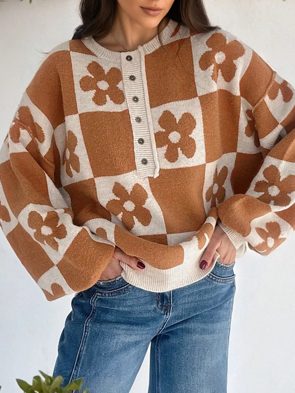 Flower Plaid Henley Baggy Sweater