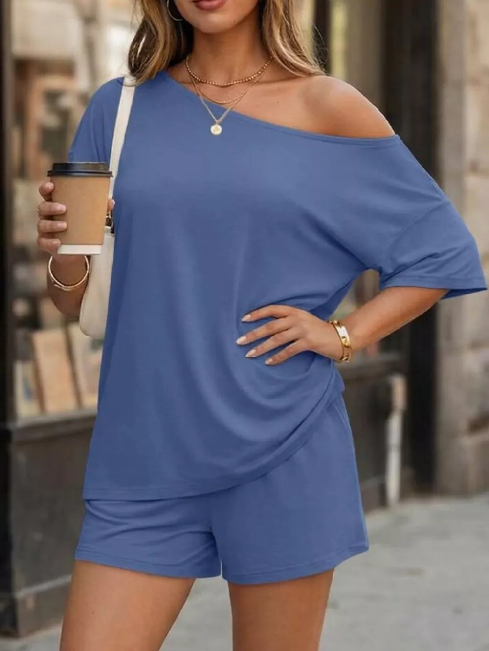 One-Shoulder Short Sleeve Top and Shorts Set, image 7
