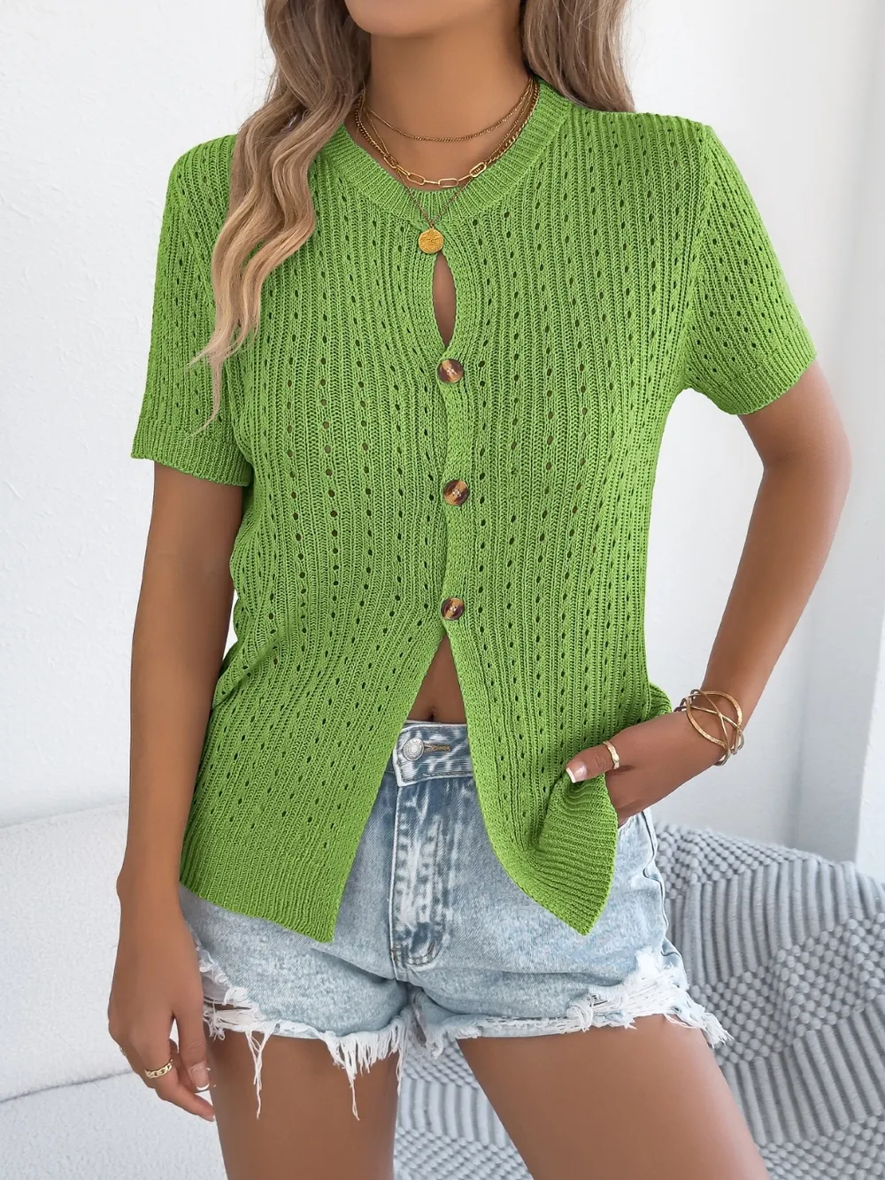 Button Up Short Sleeve Knit Cardigan, image 4