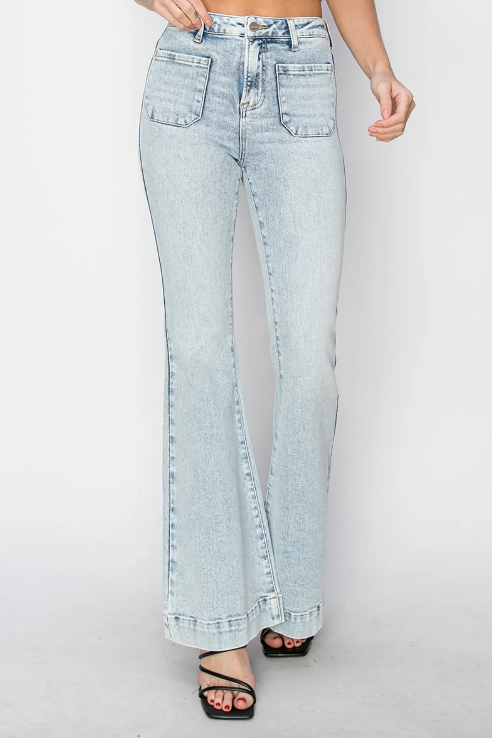 Full Size High Rise Front Patch Pocket Flare Jeans, image 5