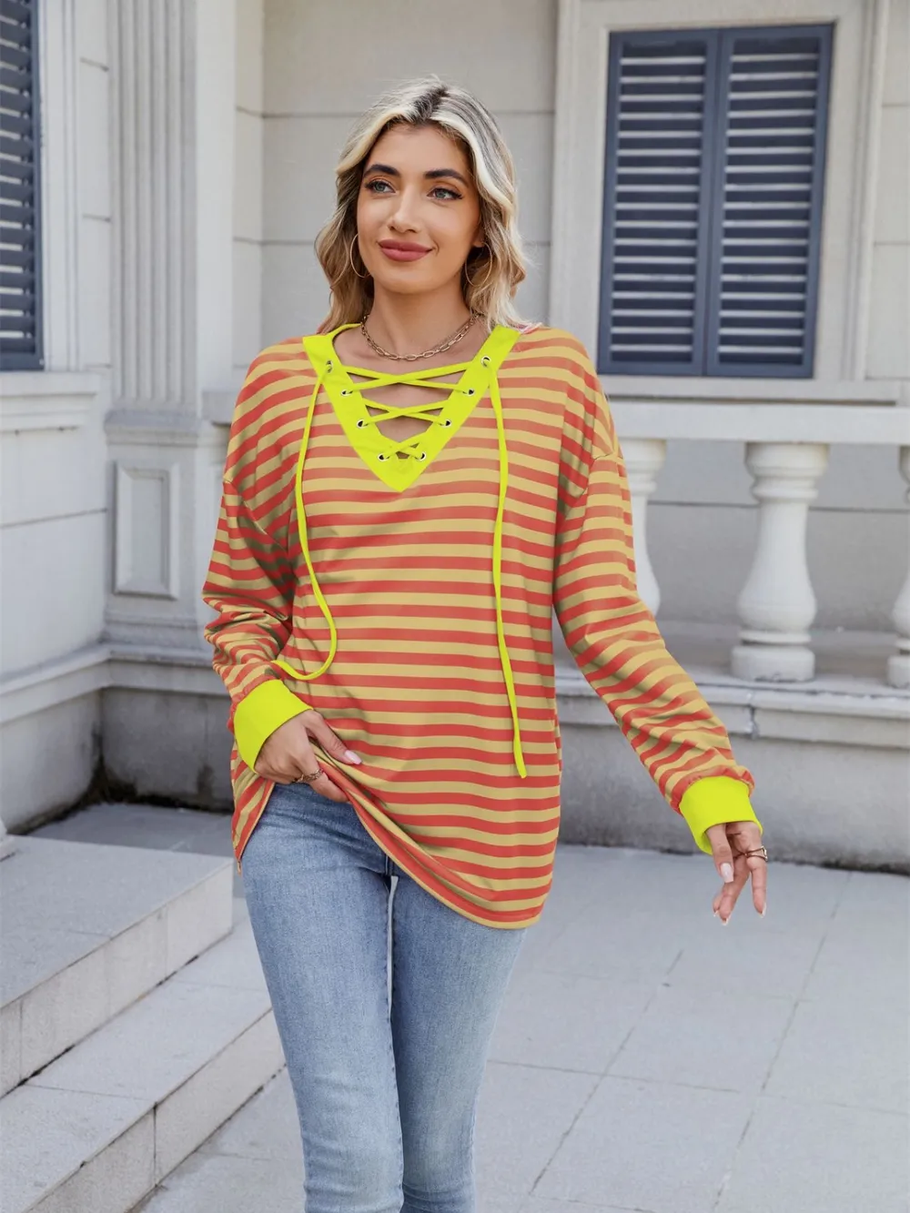 Lace-Up Striped Long Sleeve T-Shirt, image 11