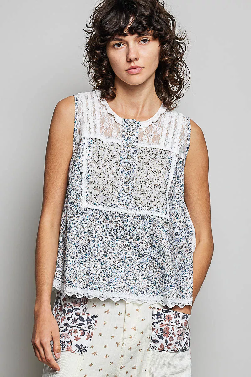 Printed Woven Lace Back Round Neck Sleeveless Top
