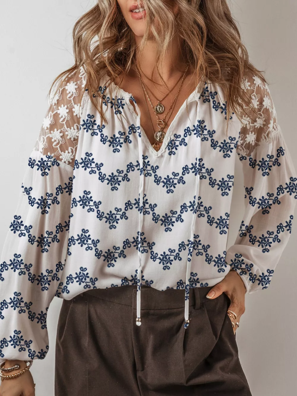 Printed Tie Neck Lace Long Sleeve Blouse, image 4