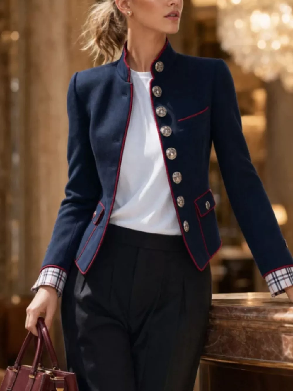 Military-Inspired Stand Collar Jacket with Red Piping, image 2