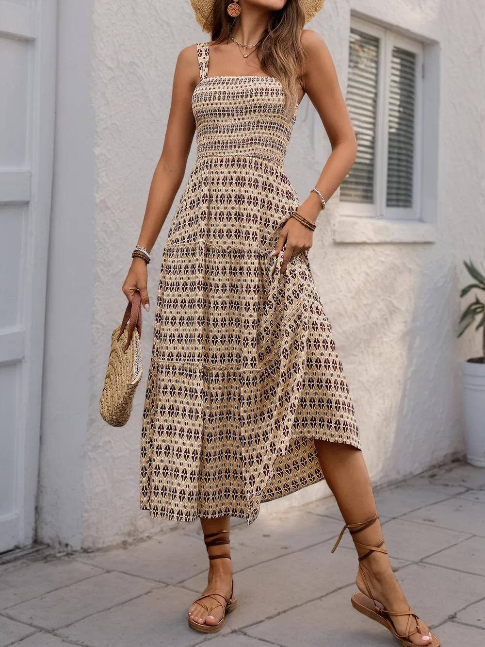 Printed Tiered Wide Strap Midi Dress, image 3