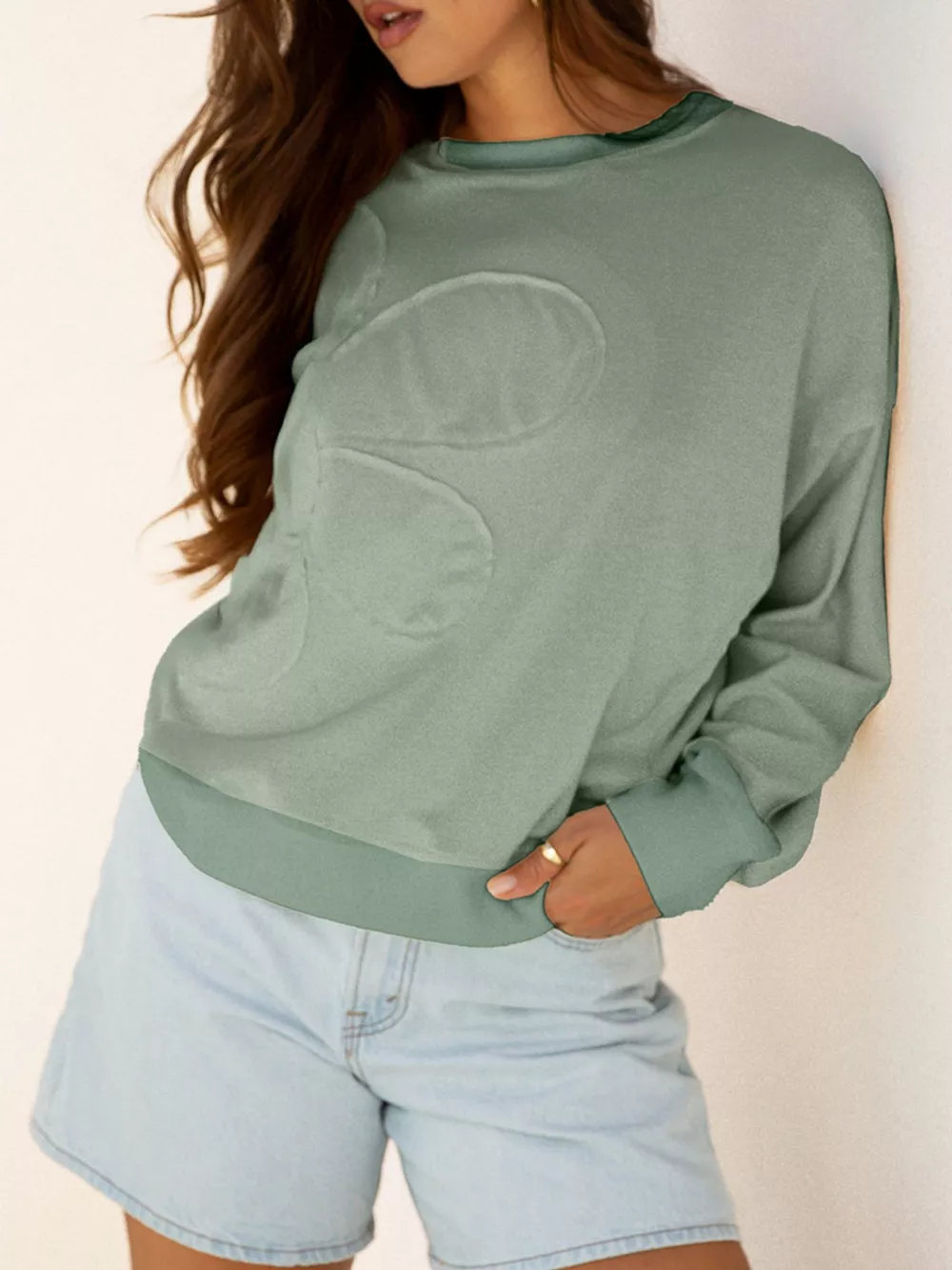 Raw Edge Flower Patch Drop Shoulder Casual Top, image 13