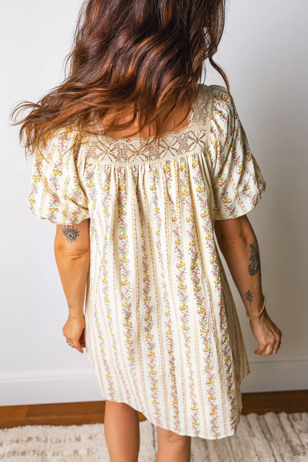Multicolour Floral Print Contrast Ribbon Bow Lace Trim Square Neck Mini Dress, image 3
