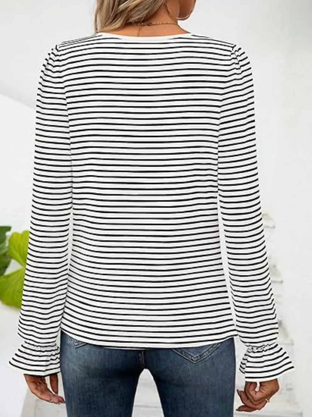 Striped Square Neck Flounce Sleeve Top, image 28