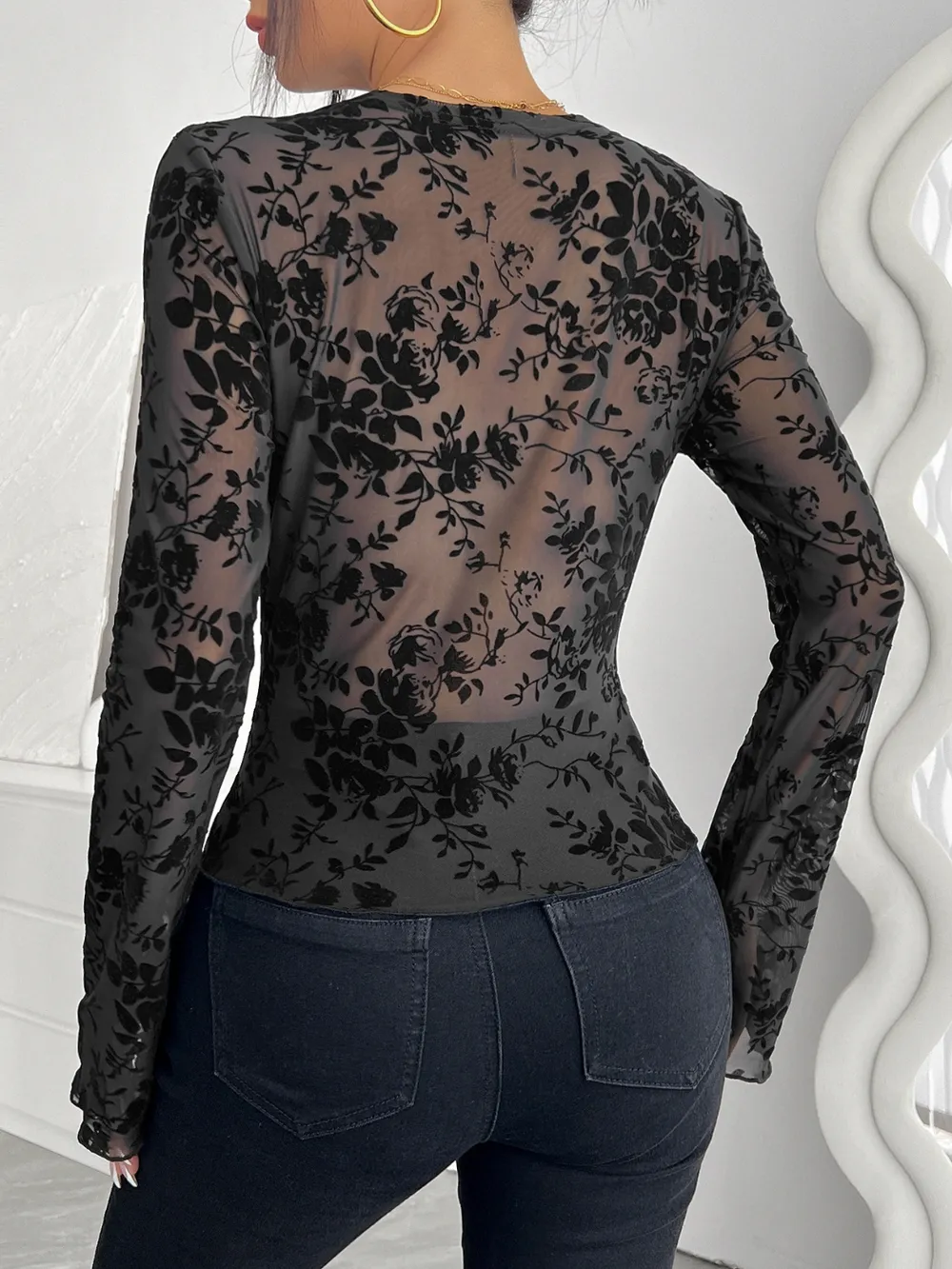 Floral V-Neck Long Sleeve Lace Top, image 5