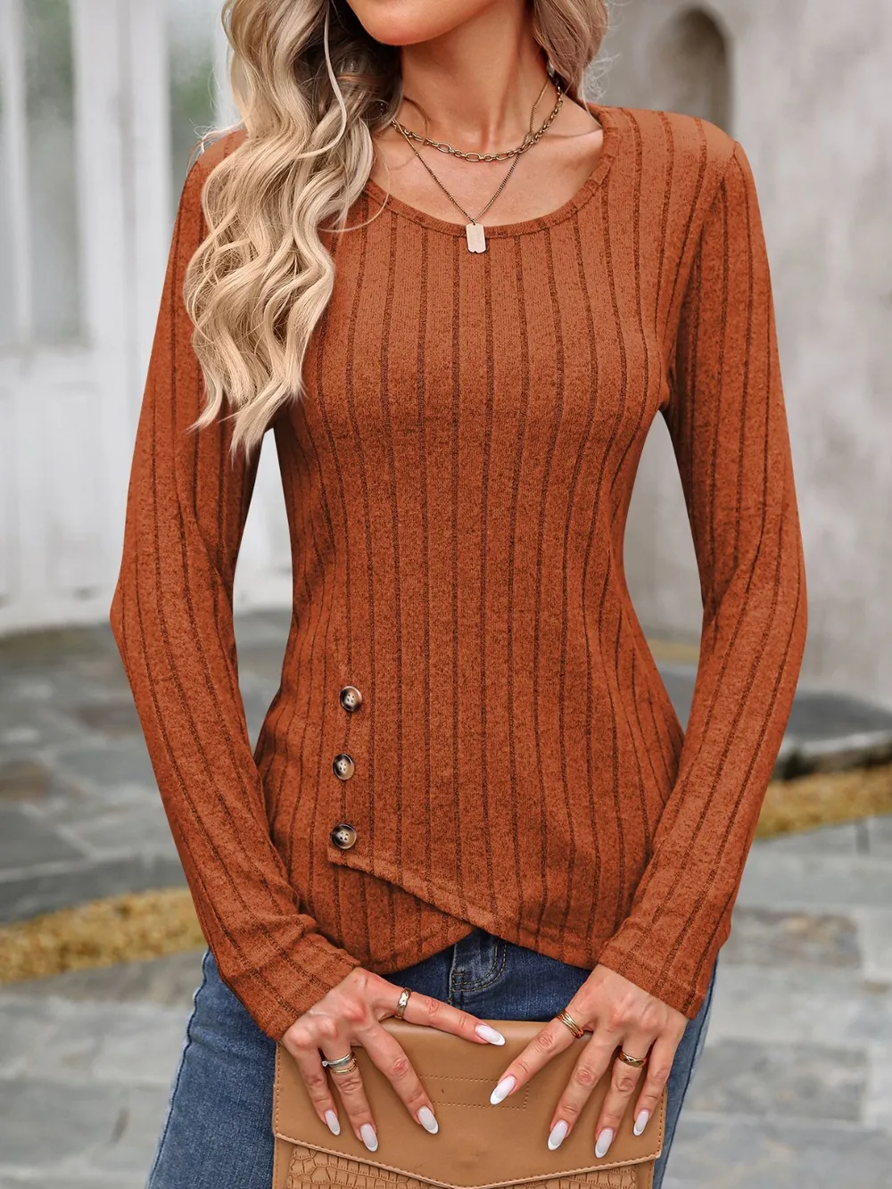 Decorative Button Round Neck Long Sleeve T-Shirt, image 16