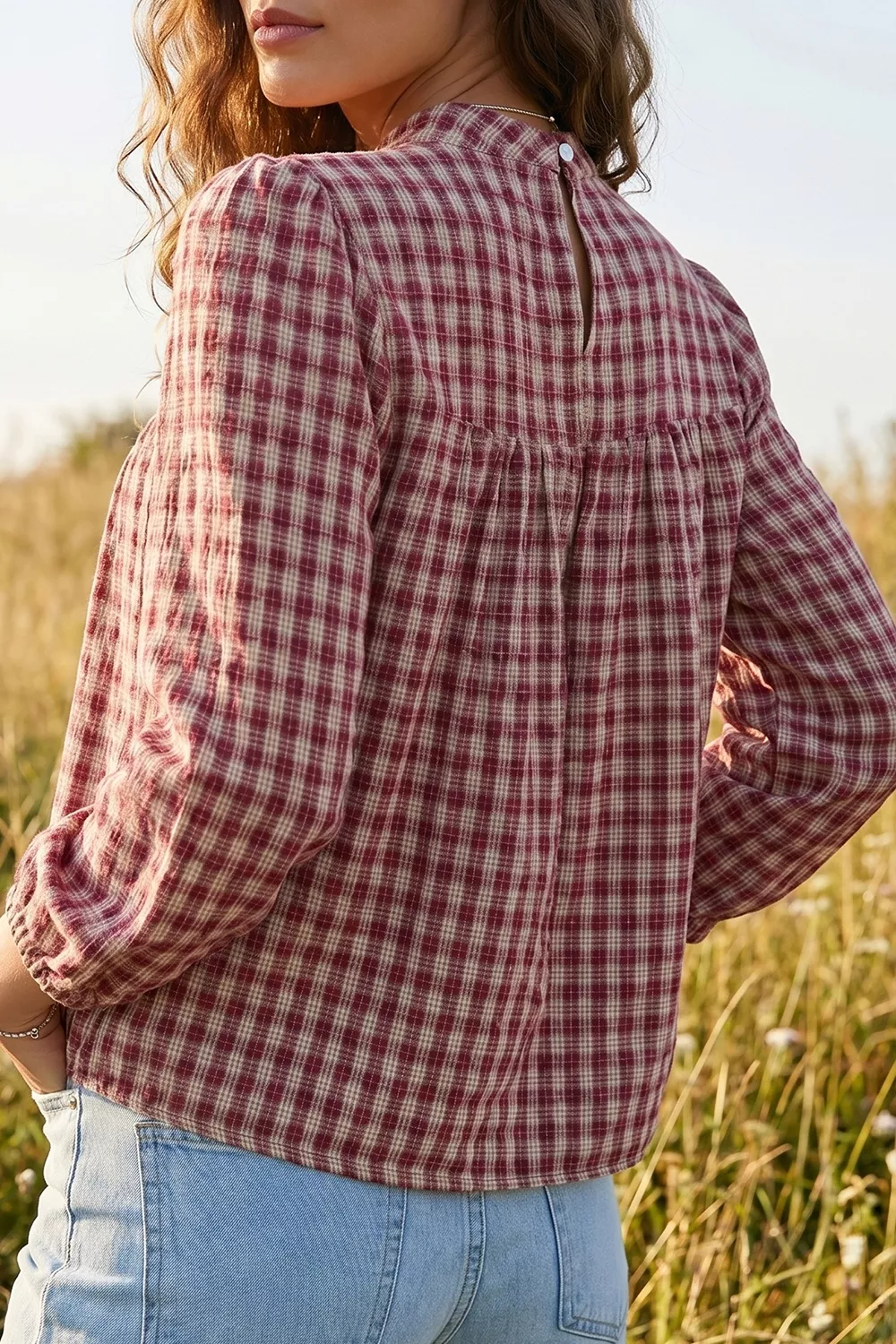 Country Plaid Long Sleeve Button Keyhole Pleated Loose Blouse, image 2