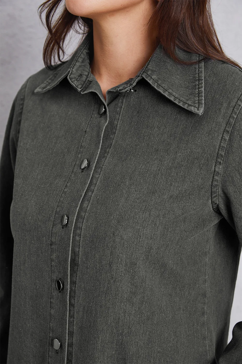 Collared Neck Button Up Denim Top, image 7