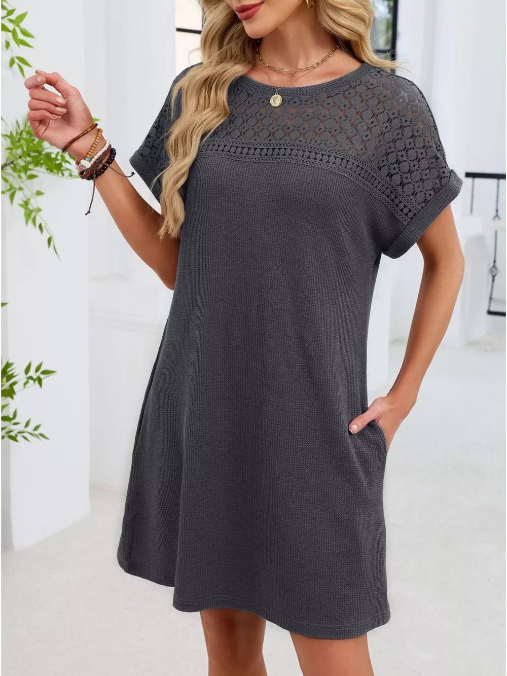 Lace Round Neck Short Sleeve T-Shirt Dress, image 23
