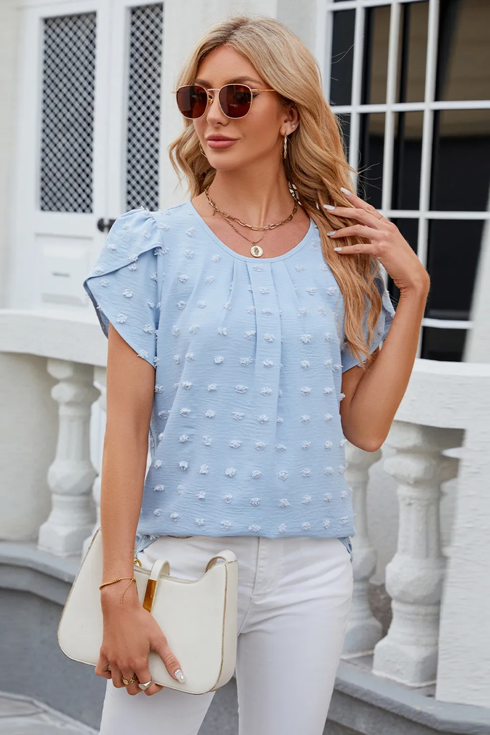 Swiss Dot Round Neck Short Sleeve T-Shirt, image 2