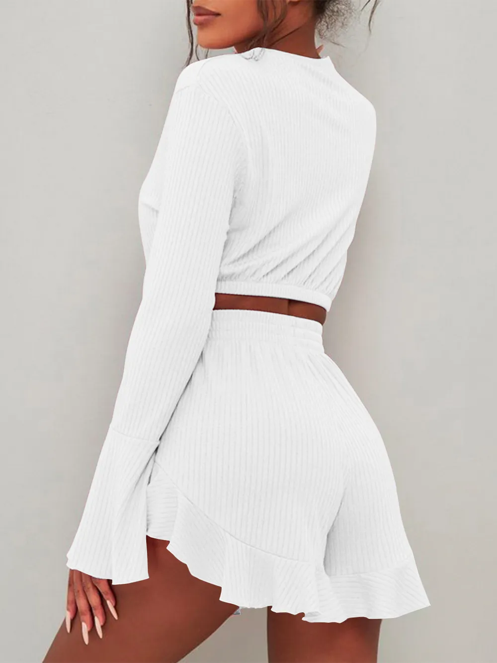 Round Neck Long Sleeve Top and Ruffled Shorts Set, image 6