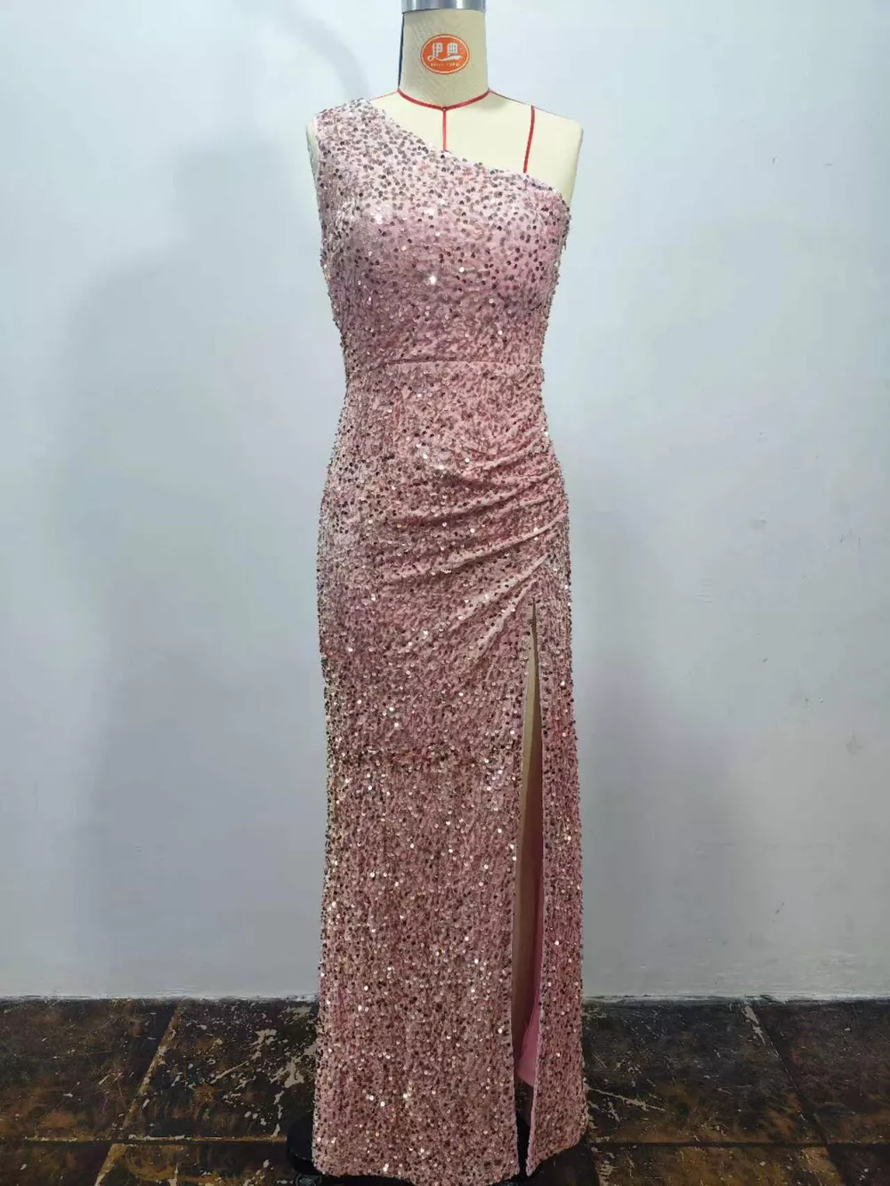One-Shoulder Ruched Sequin High-Slit Evening Dress, image 12