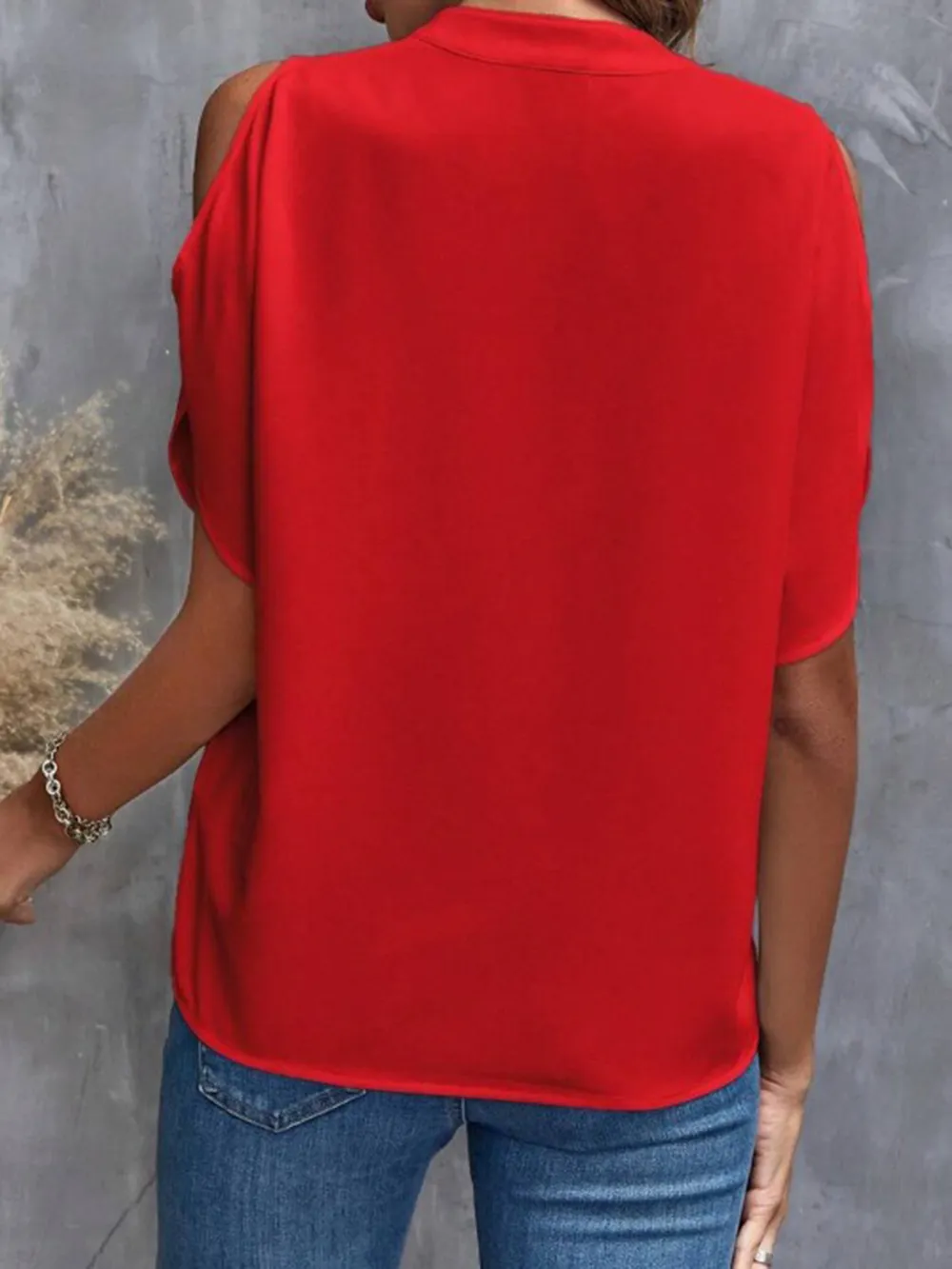 Notched Cold Shoulder Half Sleeve Blouse, image 14