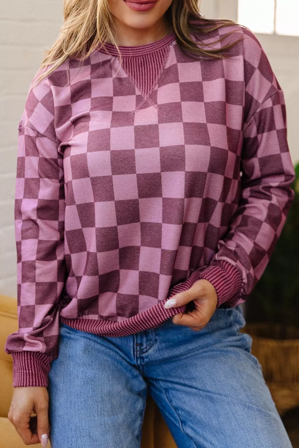 Ribbed Trim Checkered Print Long Sleeve Pullover Top, image 3