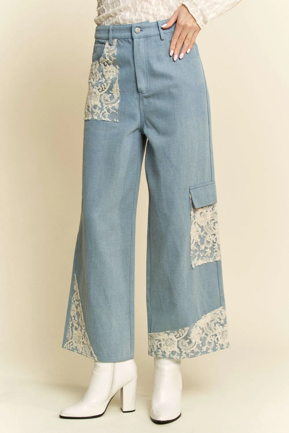 Lace Applique Wide Leg Jeans, image 7