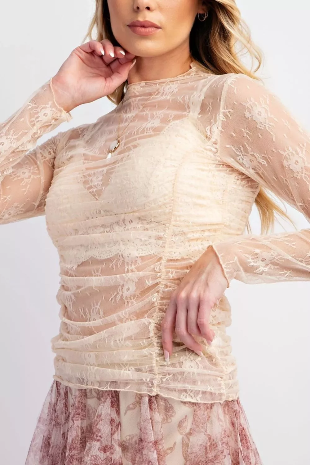 Sheer Floral Mesh Ruched Long Sleeve Top, image 3