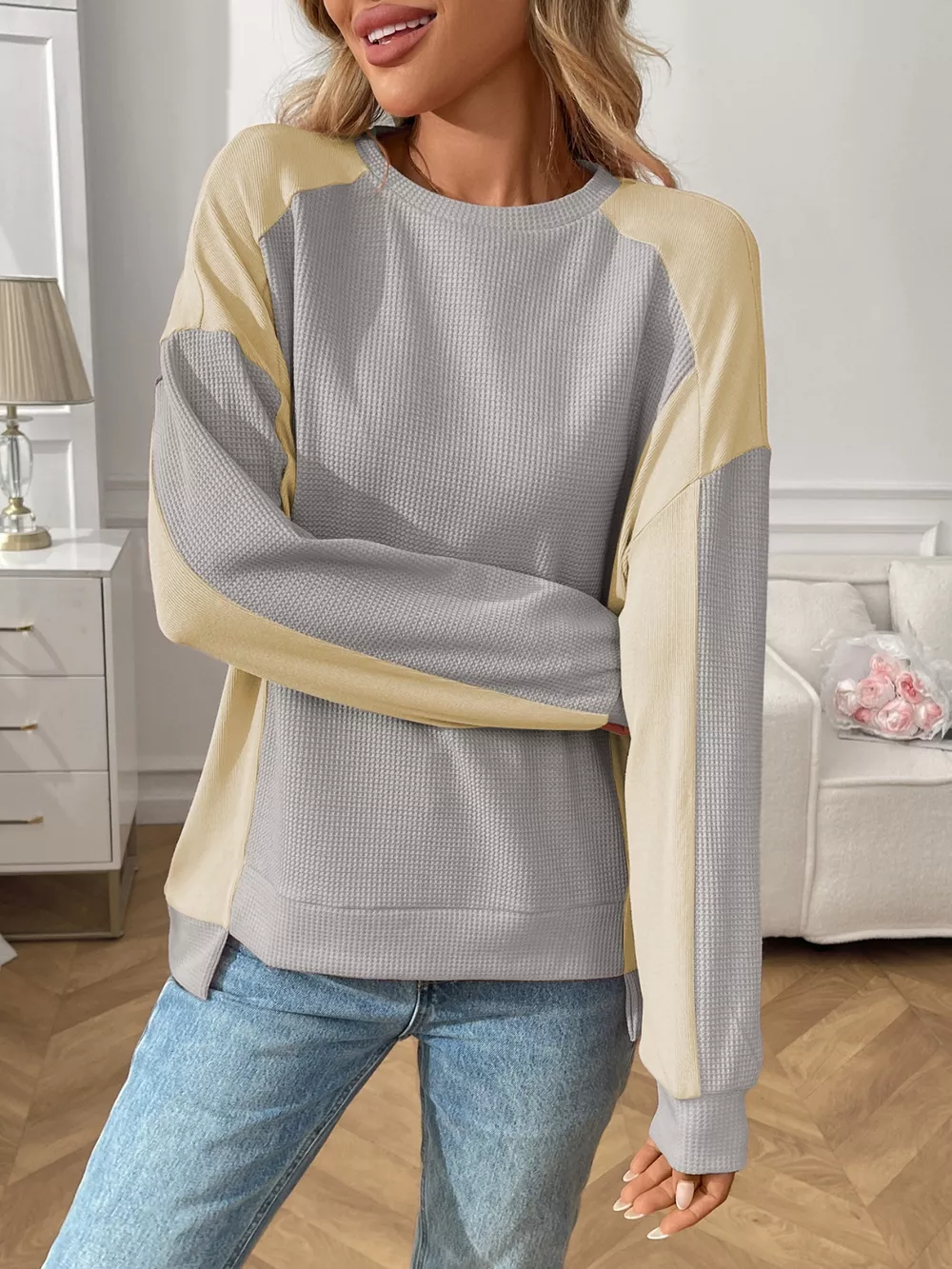 Color Block Waffle Knit Long Sleeve T-Shirt, image 7