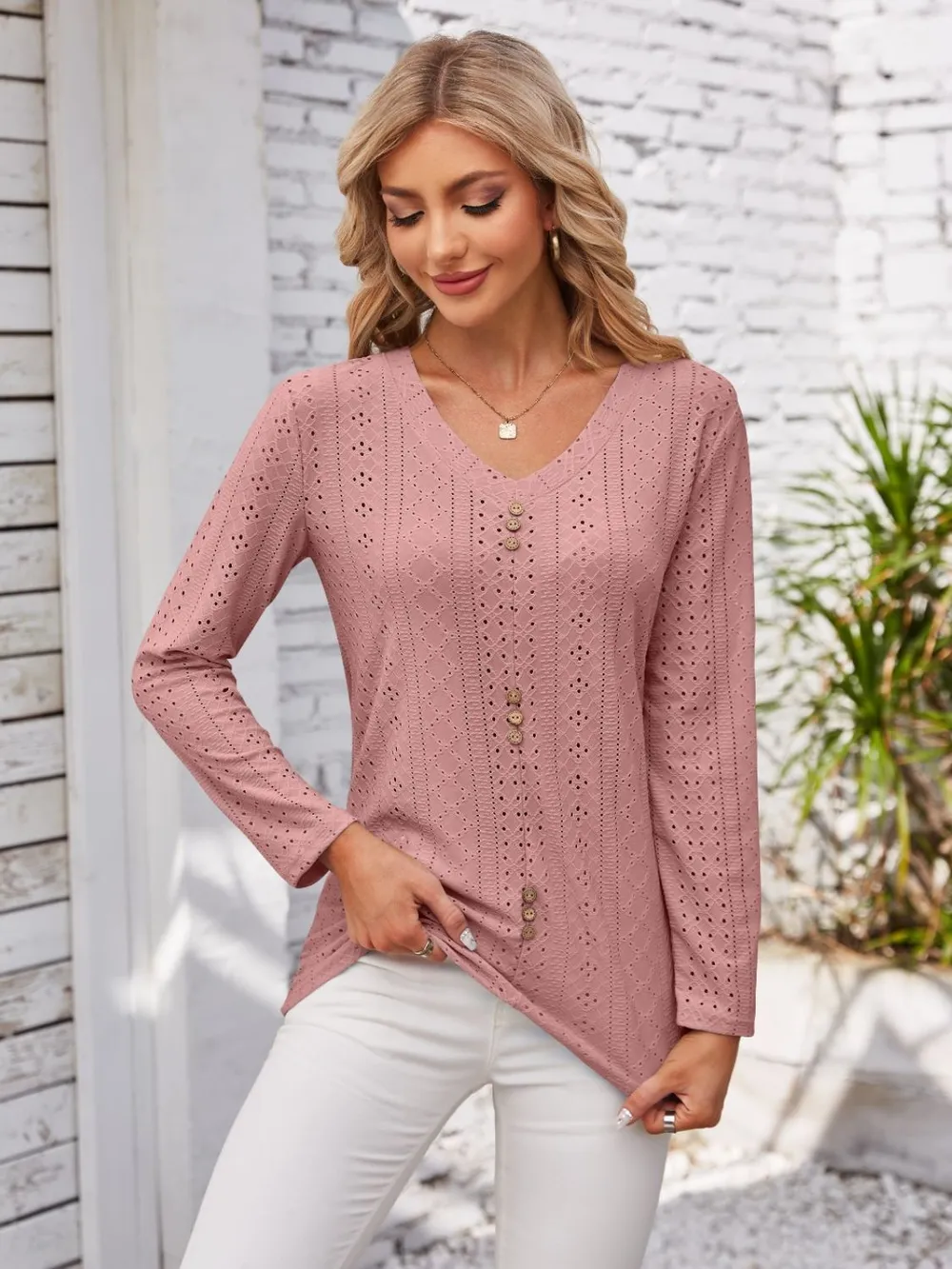 Decorative Button Openwork V-Neck T-Shirt, image 14